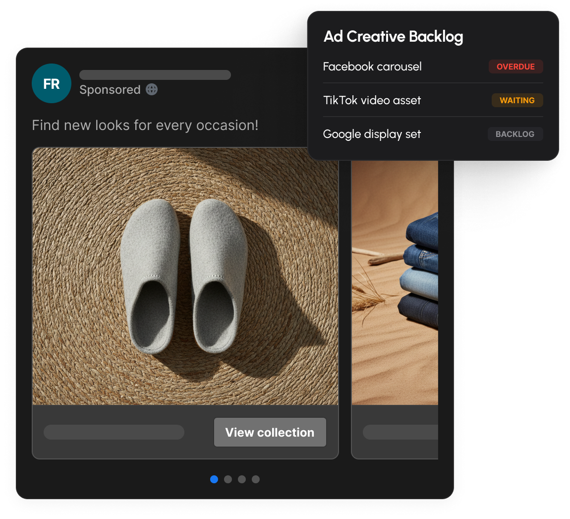Ad creative backlog board next to a sample social ad for a footwear and apparel brand