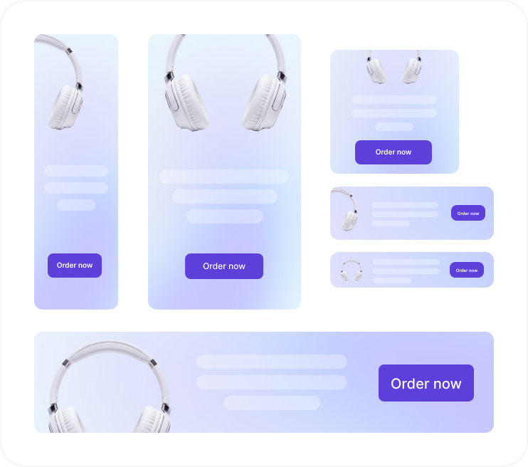 Set of ad creative variations for a headphones product across multiple ad formats