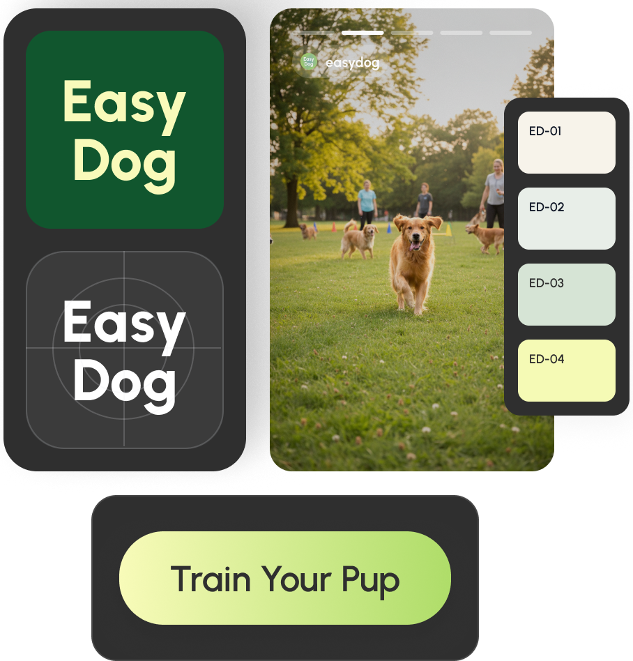 Easy Dog brand identity mockup with logo, color palette, and a golden retriever training photo