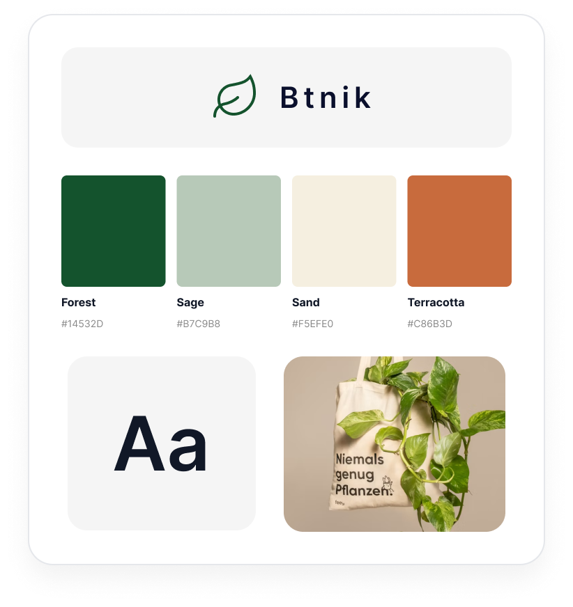 Brand style guide mockup showing a logo, color palette, typography, and packaging