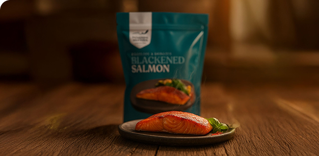 Blackened salmon fillet with Patagonia Seafarms branded packaging