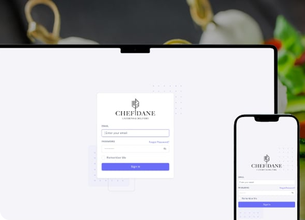 Chef Dane branded login screen shown on tablet and phone mockups