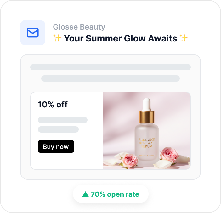 Email campaign mockup with subject line A/B test options and performance results