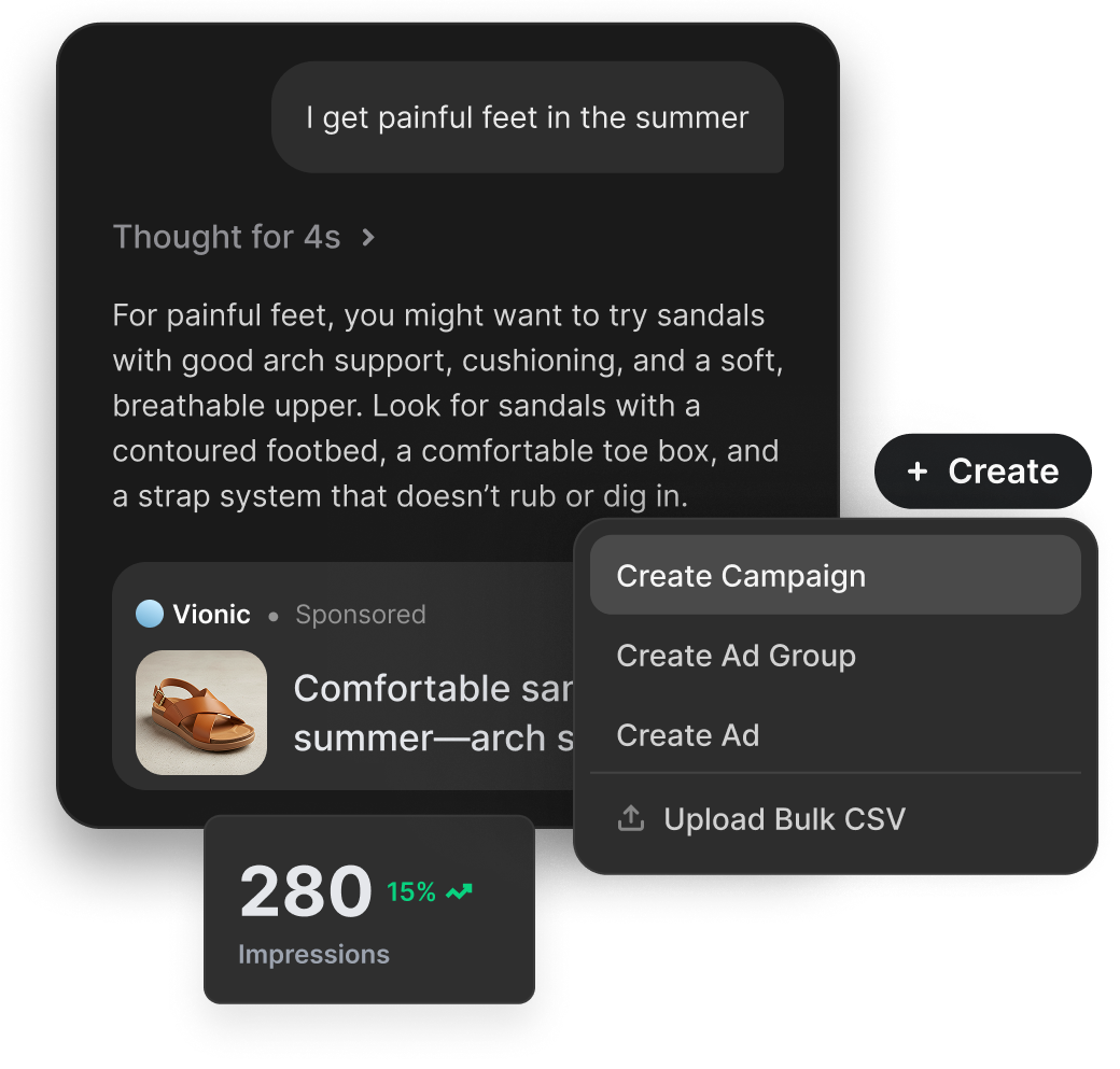 ChatGPT ad example for a sandal brand next to a campaign creation menu and impressions stat