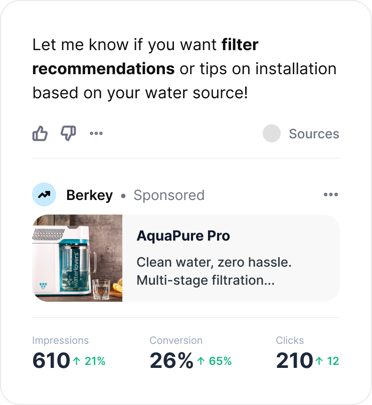 Example ChatGPT ad response for a water filtration brand with campaign performance stats