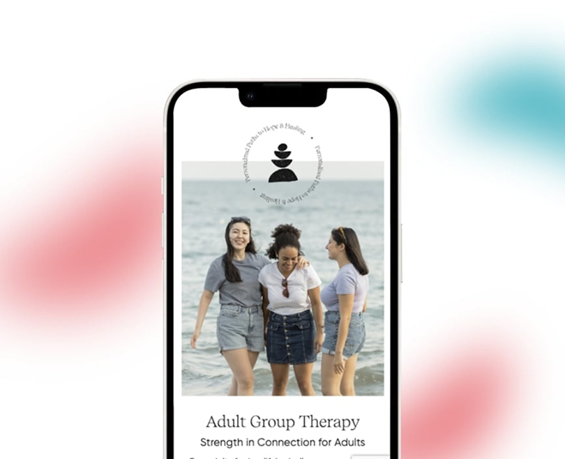 Phone mockup of the Halliday Center's Adult Group Therapy webpage with a beach photo and the practice's logo
