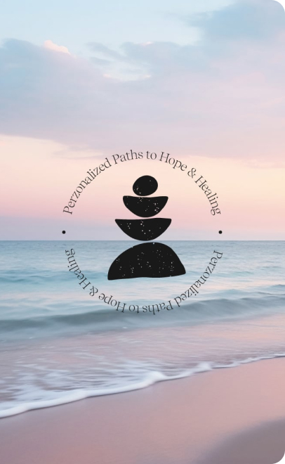 Beach sunset photo with the Halliday Center's 'Personalized Paths to Hope & Healing' logo
