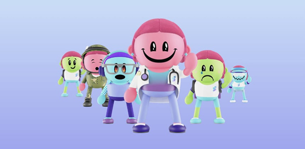 Illustrated mascot characters representing different moods for the Sound Mind app