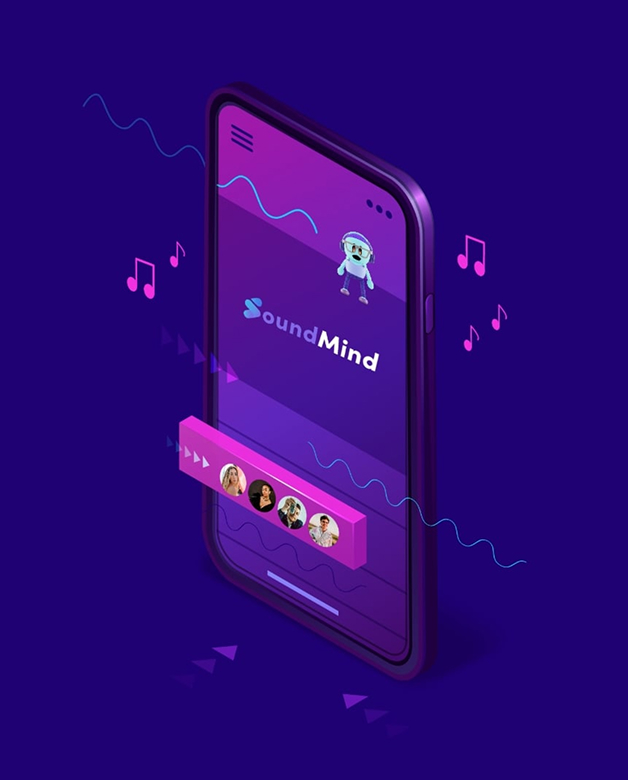 Sound Mind mobile app screen with its mascot character and friends' profile photos