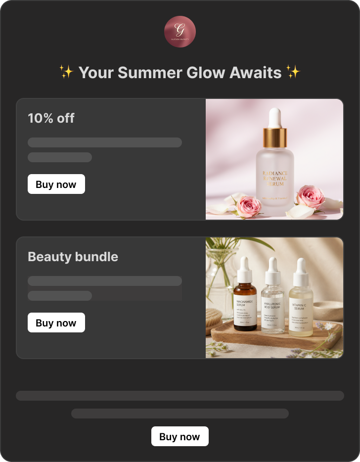Email newsletter mockup promoting a skincare beauty sale