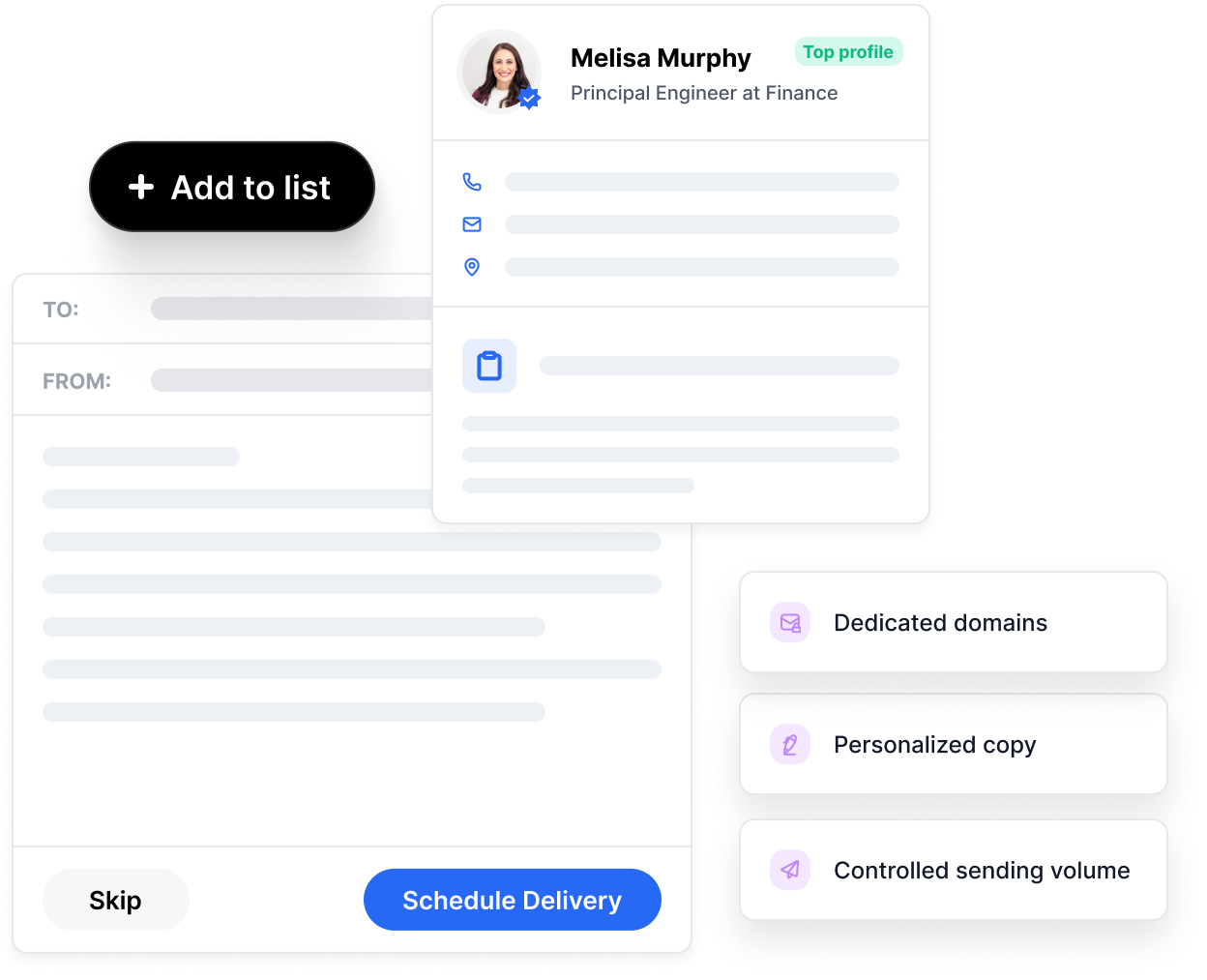 Prospect profile and draft outreach email alongside deliverability safeguards like dedicated domains and controlled sending volume