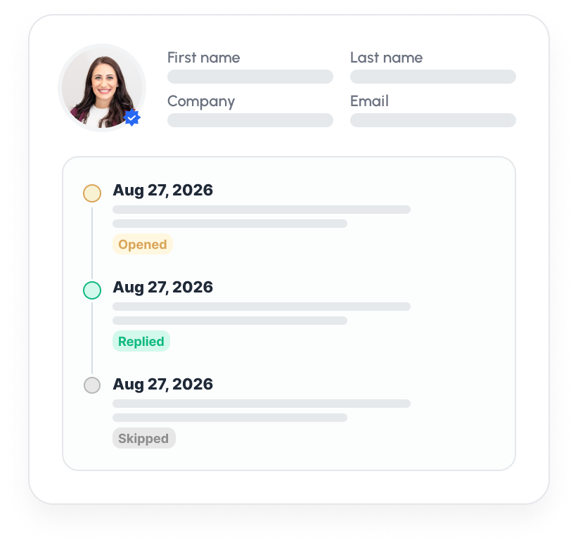 Prospect profile with an opened, replied, and skipped email activity timeline