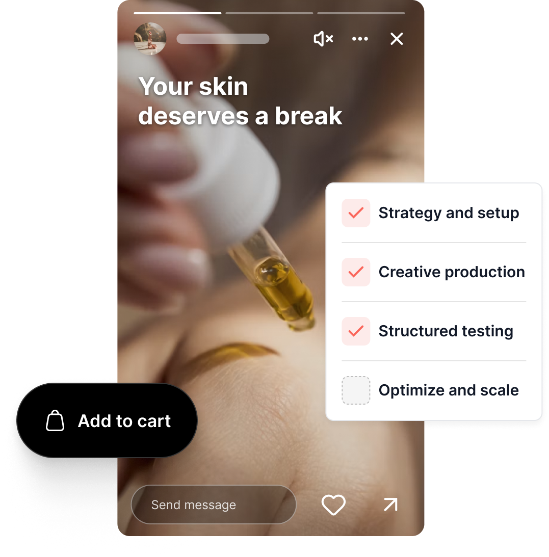 Instagram story ad mockup for a skincare product with a campaign testing checklist