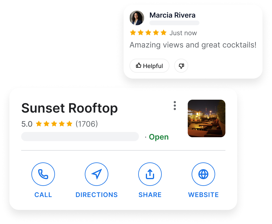 Google Business Profile listing showing a five-star customer review and business details