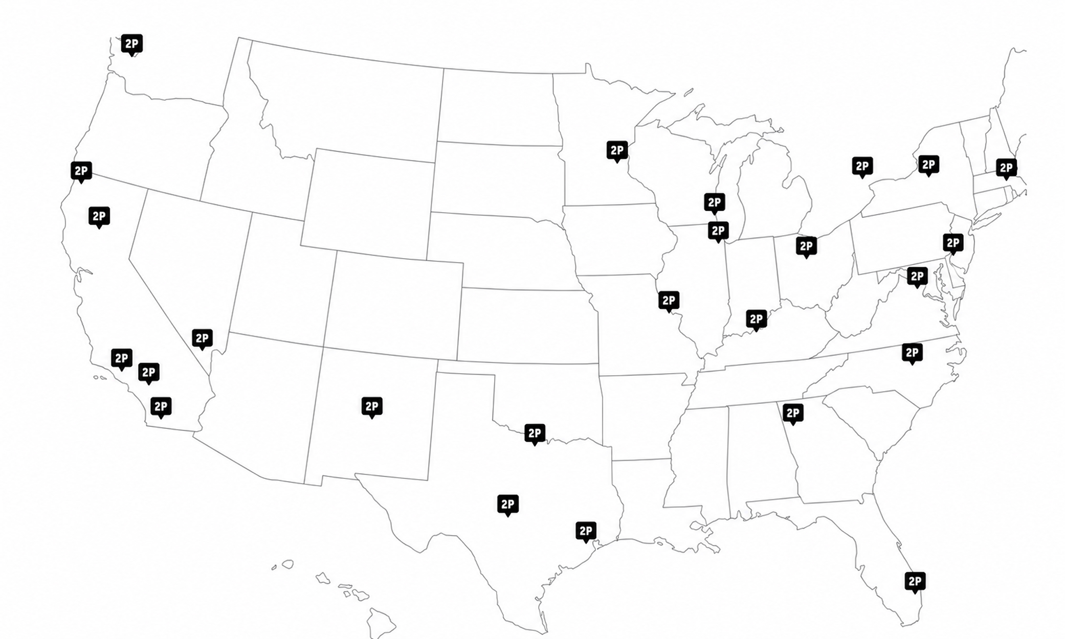 Map of the United States with pins marking the cities 2POINT serves