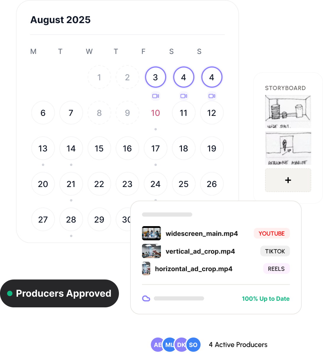 Production calendar, storyboard, and video file mockup showing a producer-approved shoot schedule