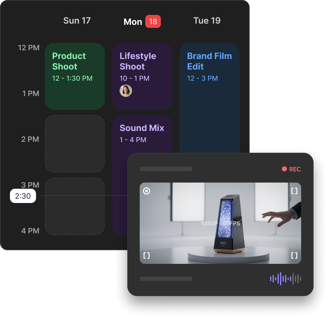 Production schedule mockup showing shoot bookings and a video preview on set