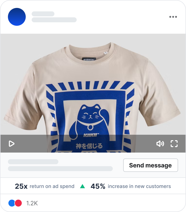 Messenger ad mockup for a branded t-shirt showing return on ad spend and new customer stats