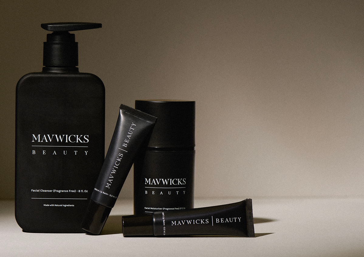 Mavwicks Beauty skincare product line including facial cleanser and lip balm