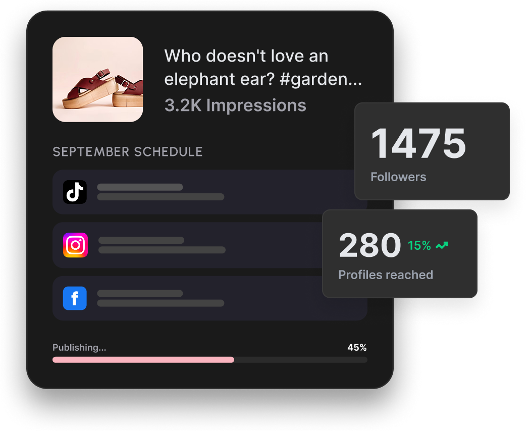 Social media dashboard mockup showing follower growth, reach, and a scheduled September posting calendar