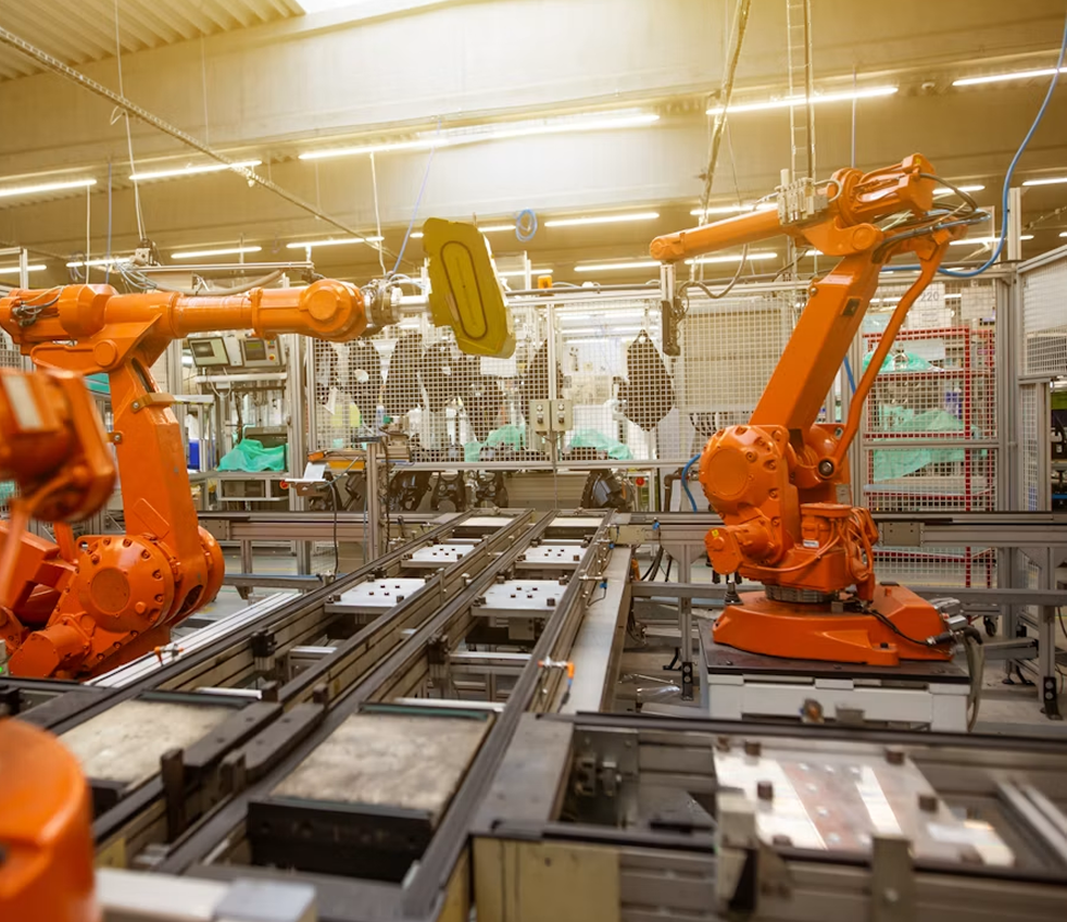Robotic arms operating on a factory production line