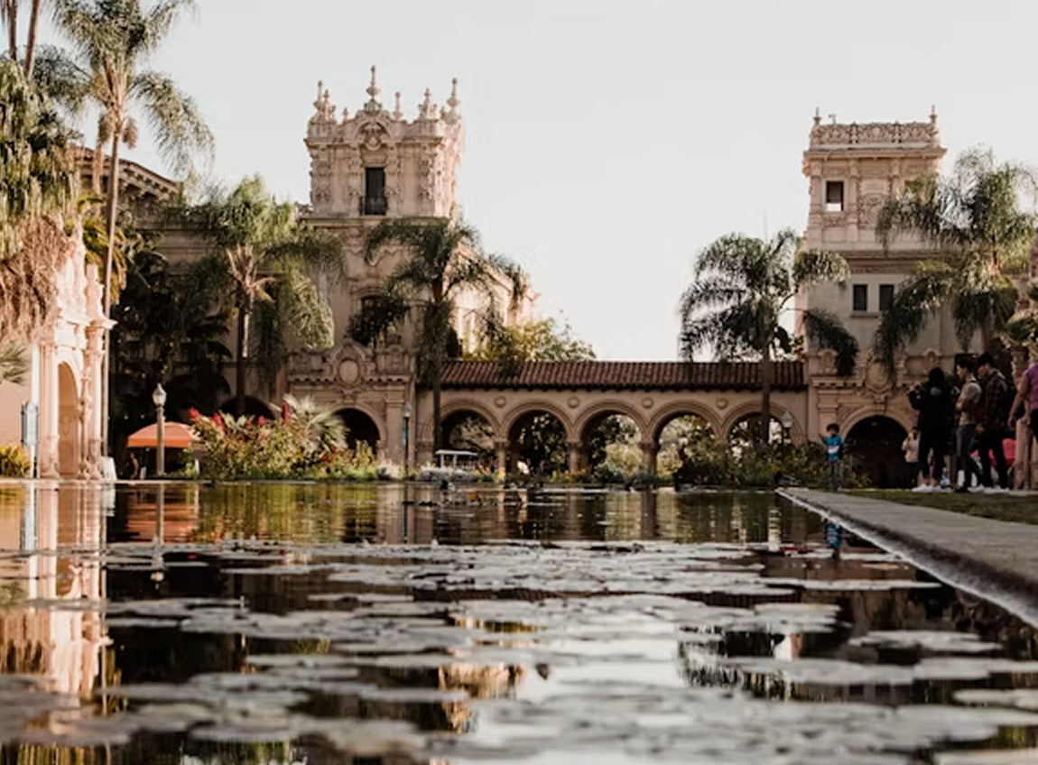 Reflecting pool and Spanish Colonial architecture at Balboa Park in San Diego