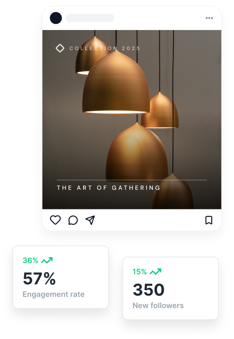 Instagram post mockup for a lighting collection with engagement and follower growth stats