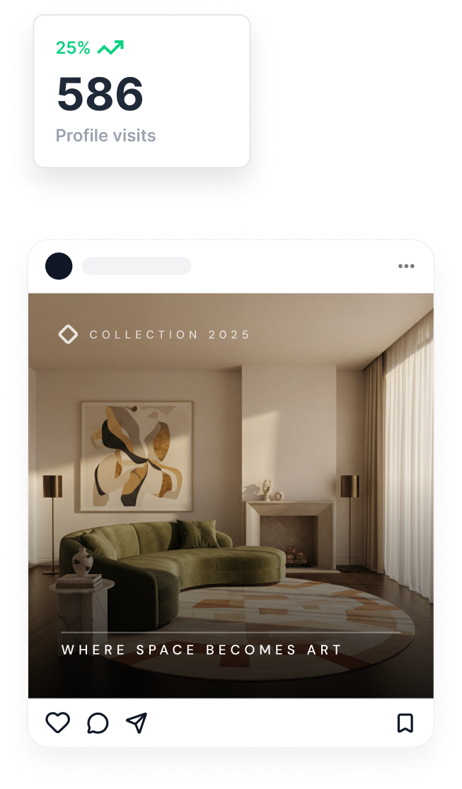 Instagram post mockup for a furniture collection with a profile visits stat card