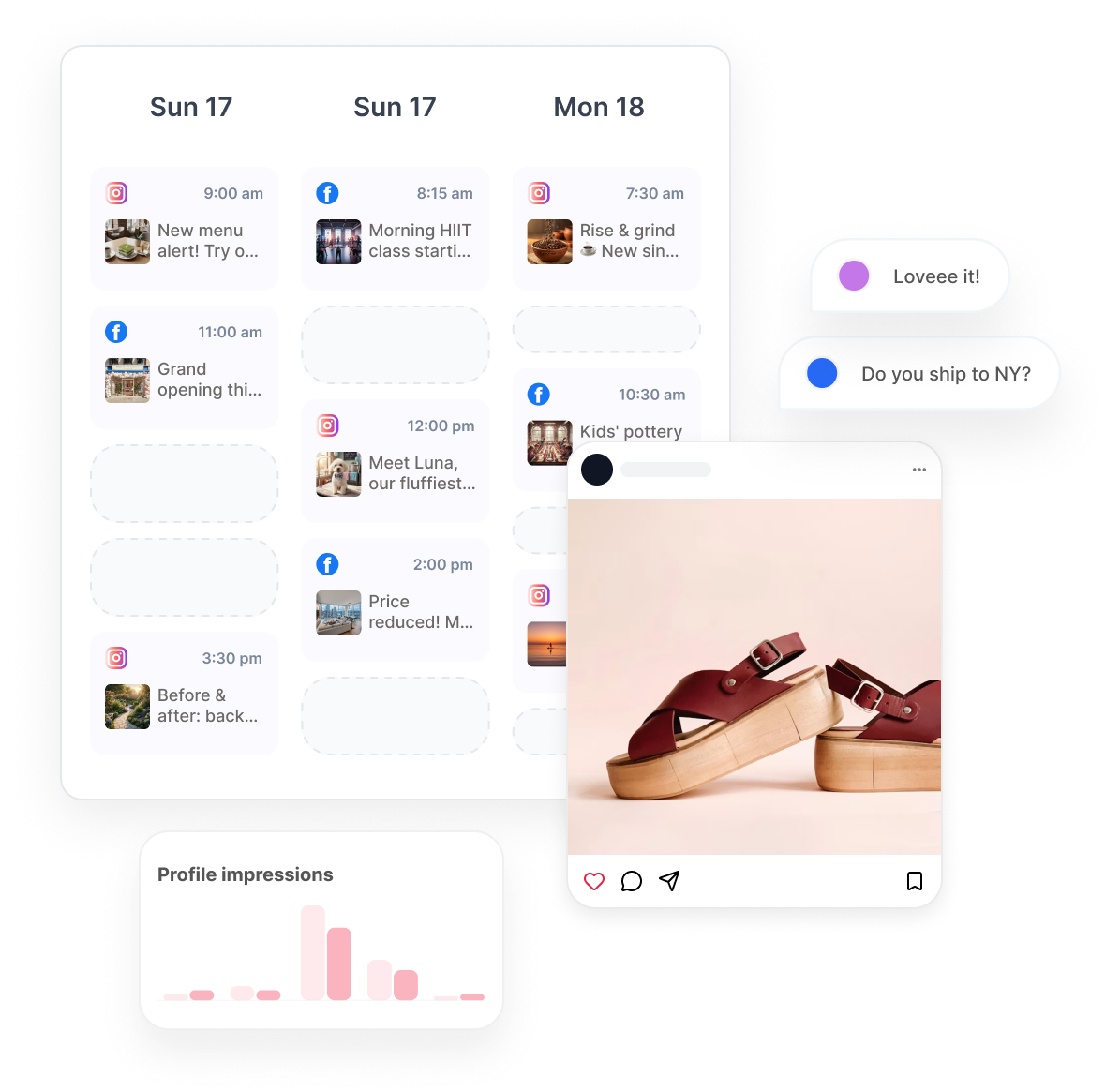 Social media content calendar and Instagram post mockup showing scheduled posts and engagement stats