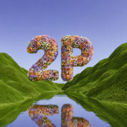 2POINT logo made of flowers between green hills, reflected in water