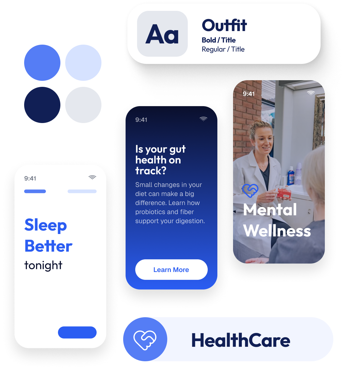 Brand style guide mockup showing color palette, typography, and app screens for a healthcare brand