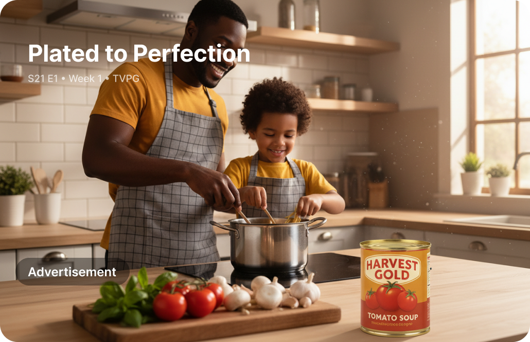 TV commercial placement showing a family cooking scene with a sponsored product