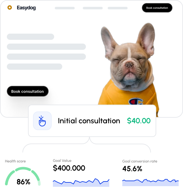 Website mockup for a veterinary consultation site showing a pet photo, health score, and conversion metrics