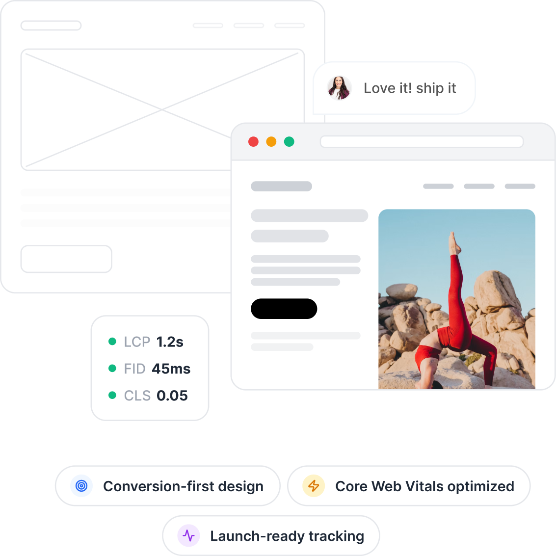 Website design review mockup with a client approval comment and Core Web Vitals scores