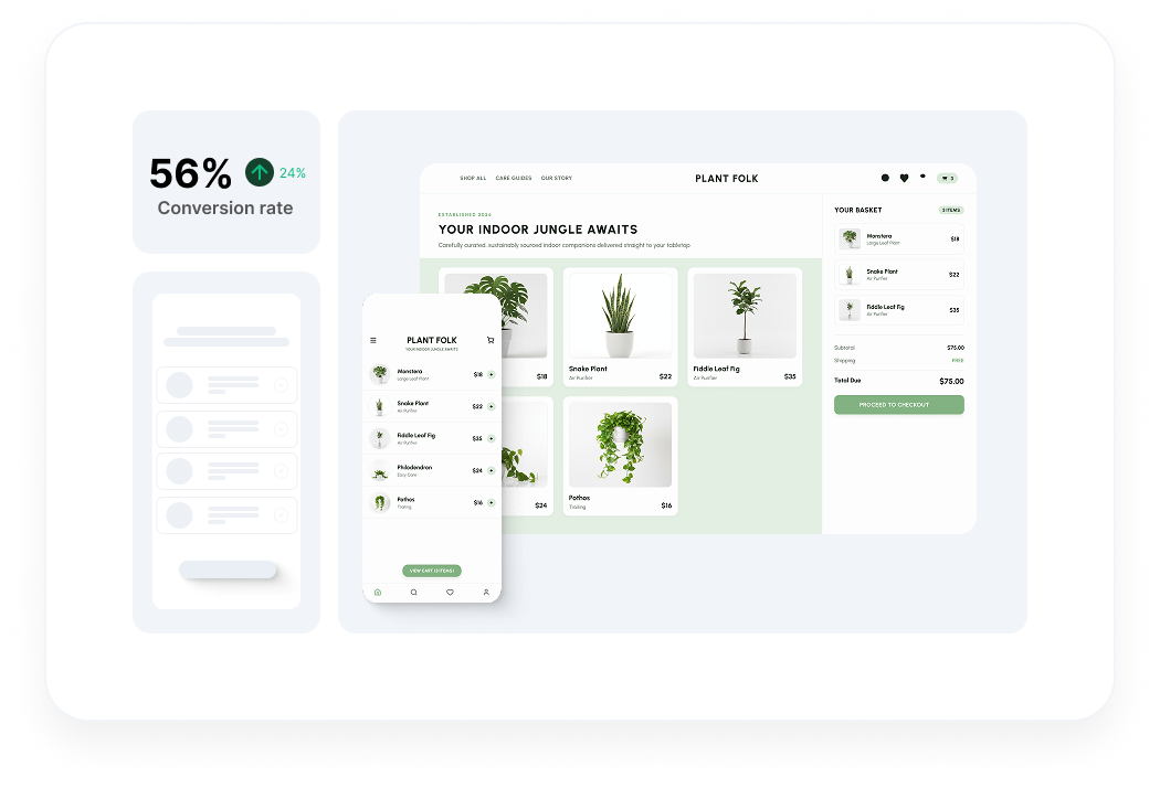 Ecommerce website mockup with a 56% conversion rate stat and mobile shopping cart view