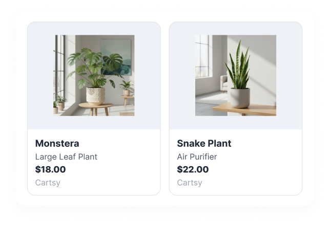 Product cards from an online plant shop showing photos, names, and prices