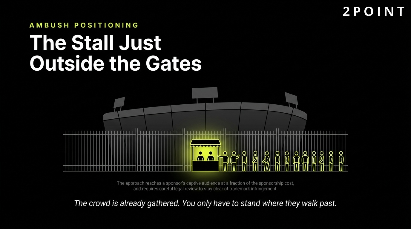 Ambush marketing positioning: the stall set up just outside the gates of somebody else's event.