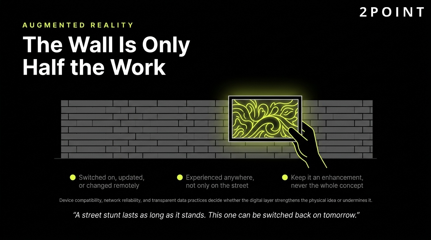 Augmented reality in guerrilla marketing: the painted wall is only half the work, the phone completes it.
