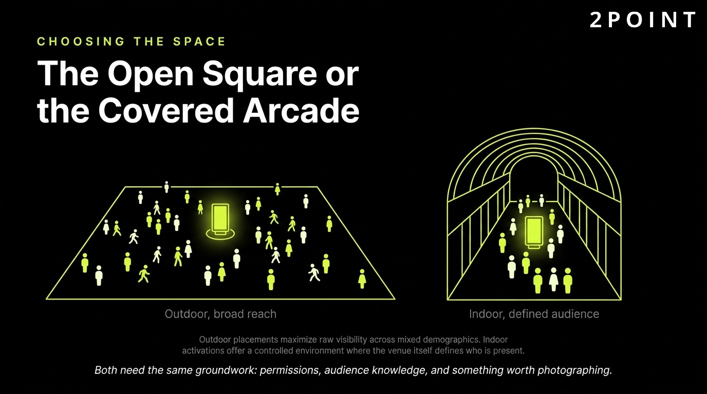 Choosing the guerrilla marketing space: the open square, or the covered arcade.