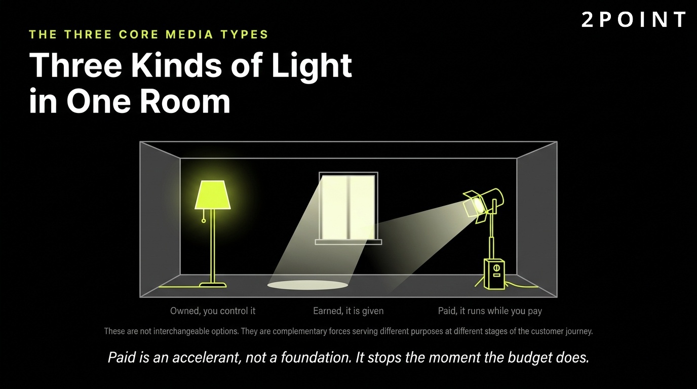The three core media types: owned, earned, and paid as three different kinds of light in one room.