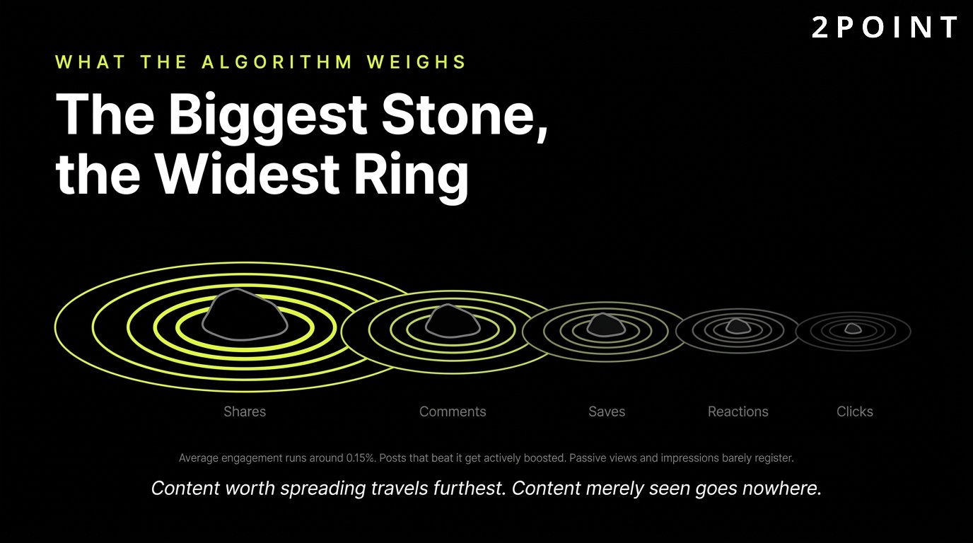 What the Facebook algorithm weighs: the biggest stone makes the widest ring, the strongest signal earns the most reach.